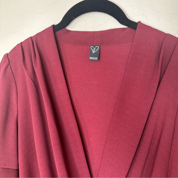 Burgundy 3/4 Ruched Balloon Sleeve, V Neck Blouse Shirt, size medium - Picture 3 of 11